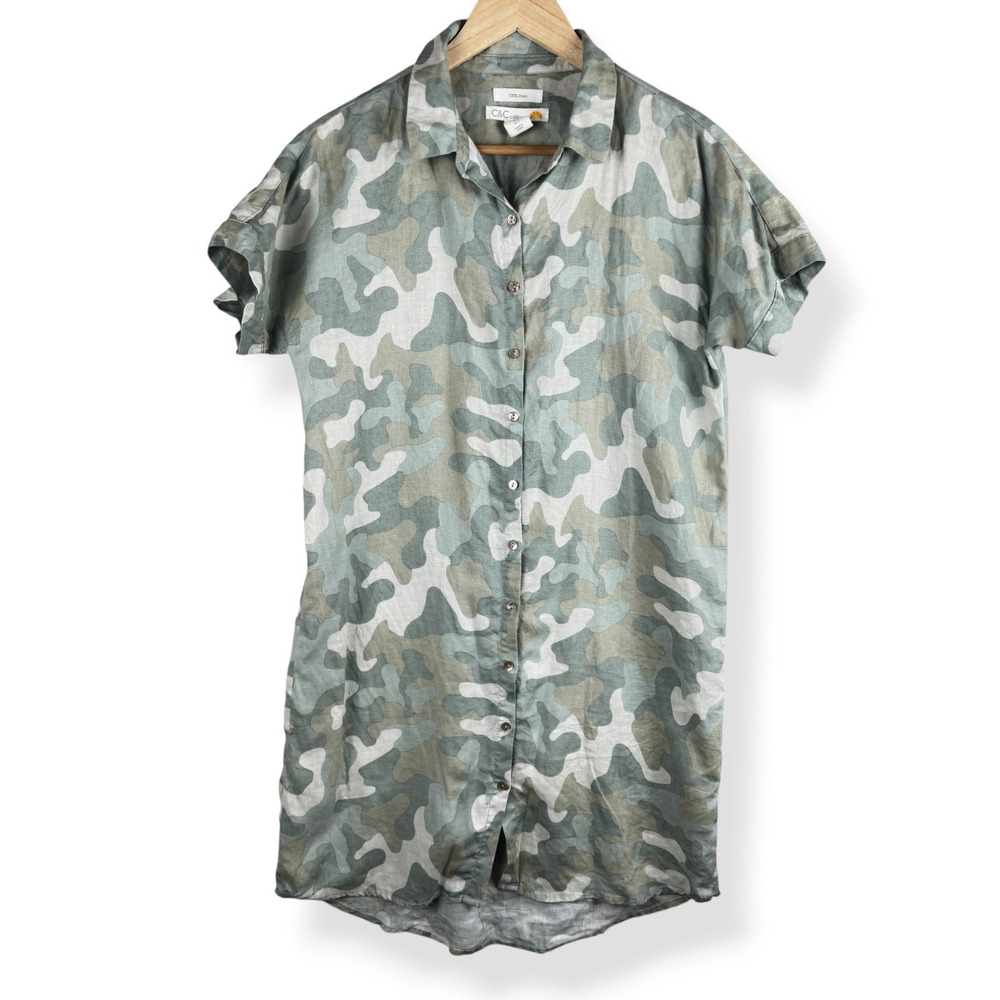 C&C California Shirt Dress Womens Size Small 100% Linen Camo Granola Earthy - Picture 1 of 10